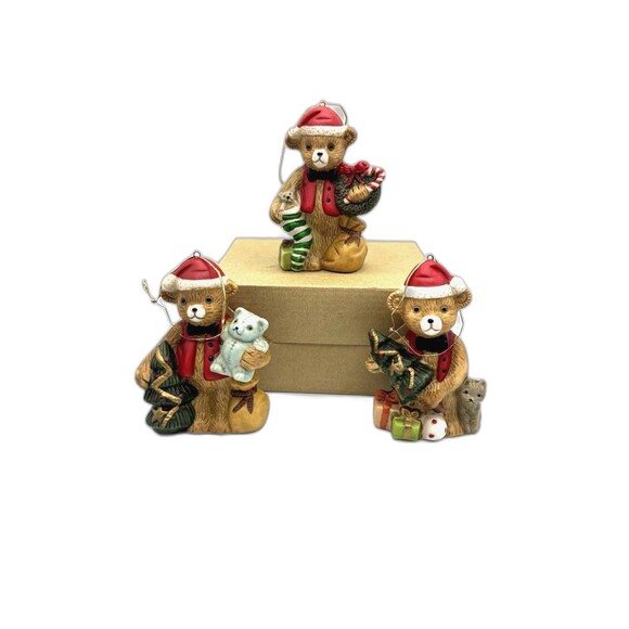 Vintage Christmas Bears In Santa Hats Set Of 3 Ceramic Ornaments - Picture 1 of 12
